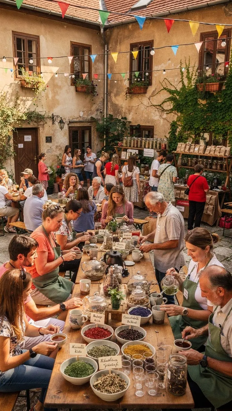 Rodina sedí okolo stola a vychutnáva si šálky bylinkového čaju v prírode