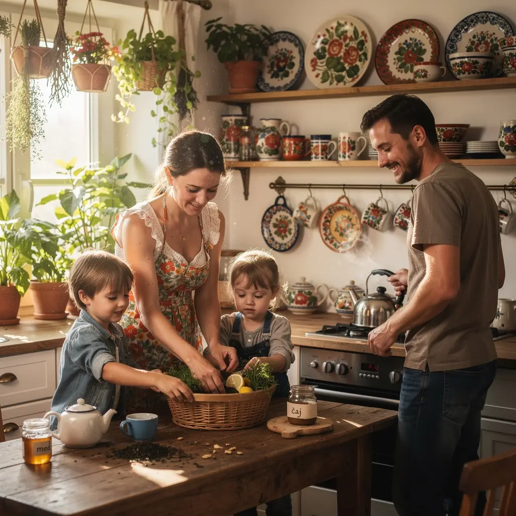 Tradičné slovenské šálky s bylinkovým čajom zdobené folklórnymi motívmi