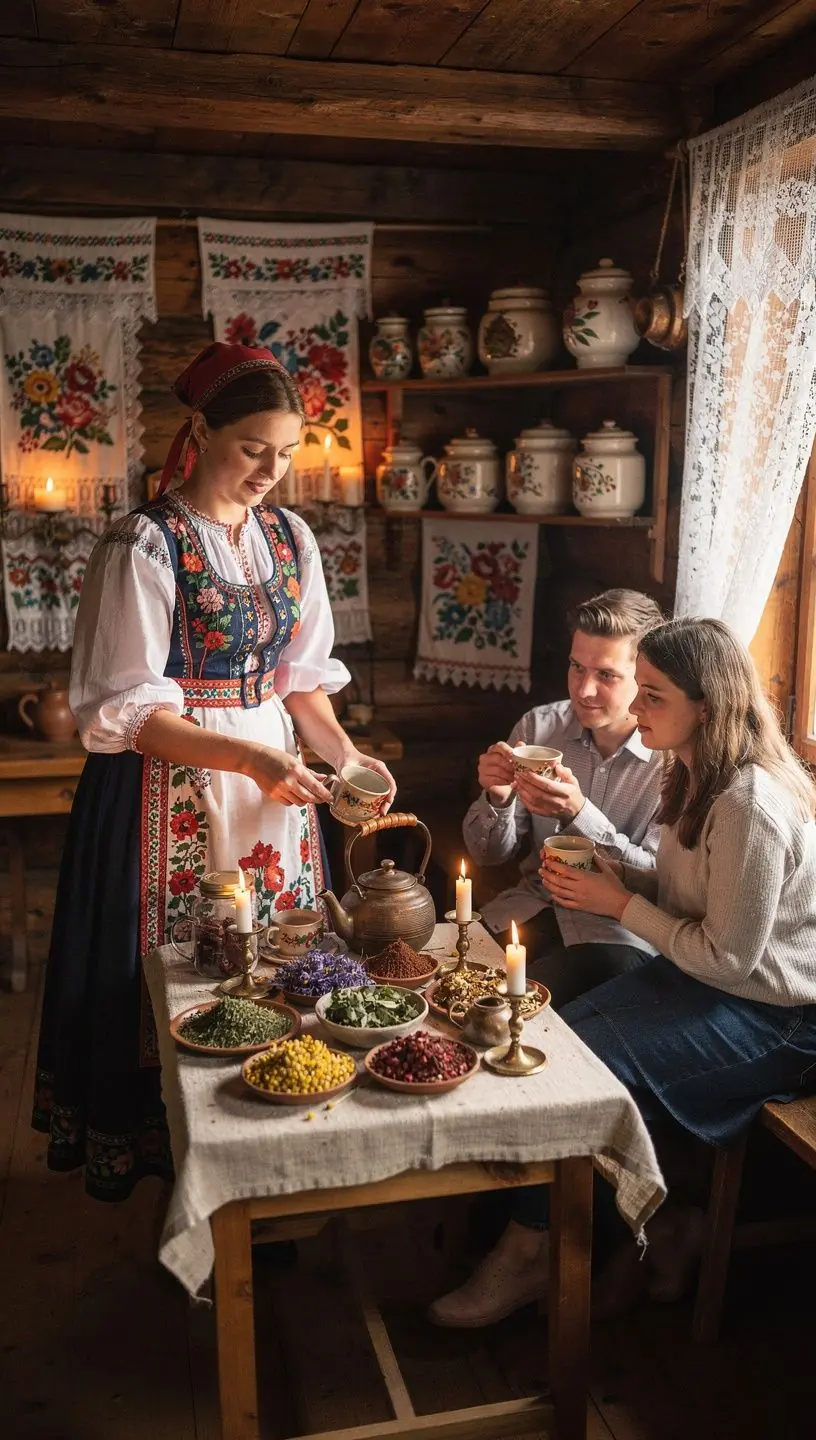 Pohľad na tradičné slovenské čajové obrúčky a prírodné ingrediencie vedľa seba