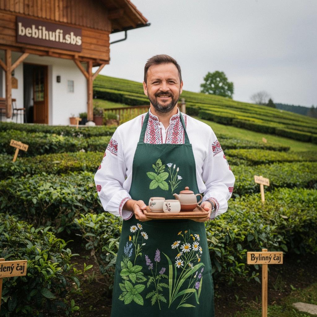 Zelený čaj so sušenými bylinkami a kvetmi, servírovaný v tradičnej keramickej šálke.